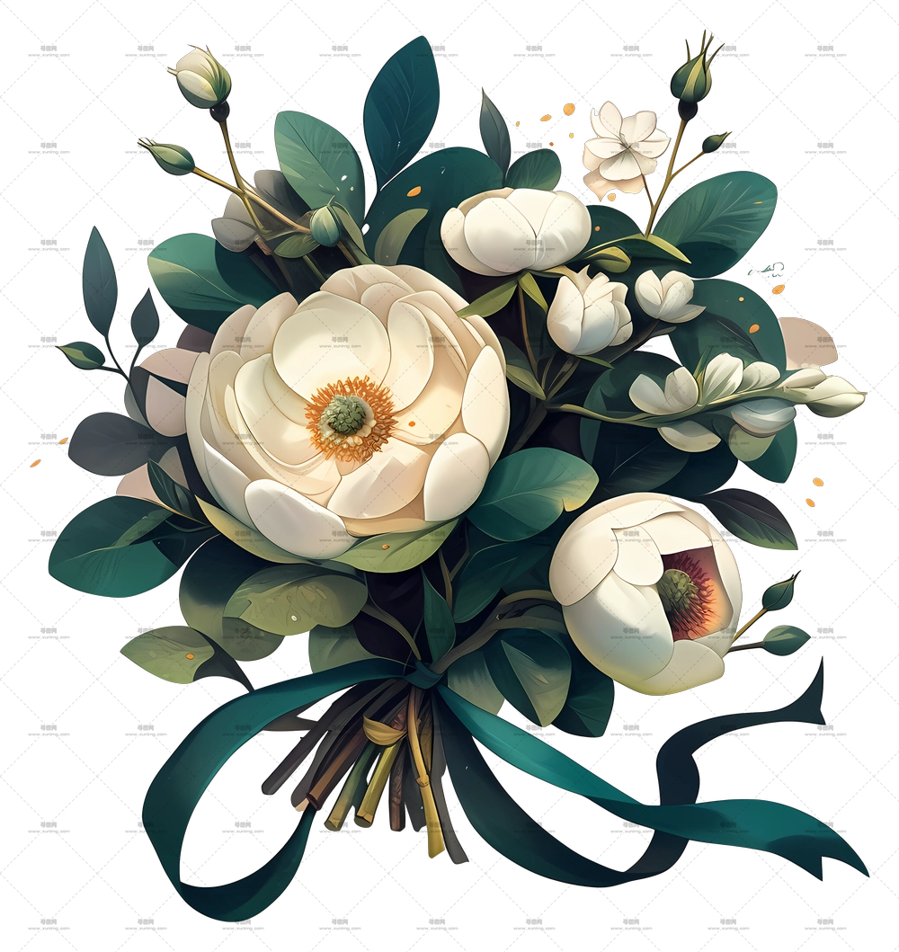 花束艺术 – 带丝带的白色花束PNG免抠图预览图