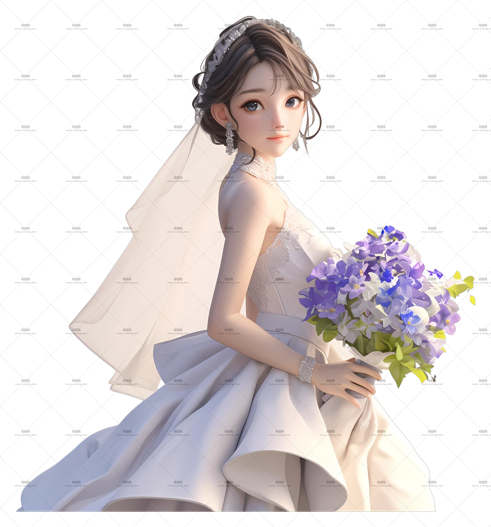 卡通新娘 – 戴面纱持花束的新娘PNG免抠图预览图