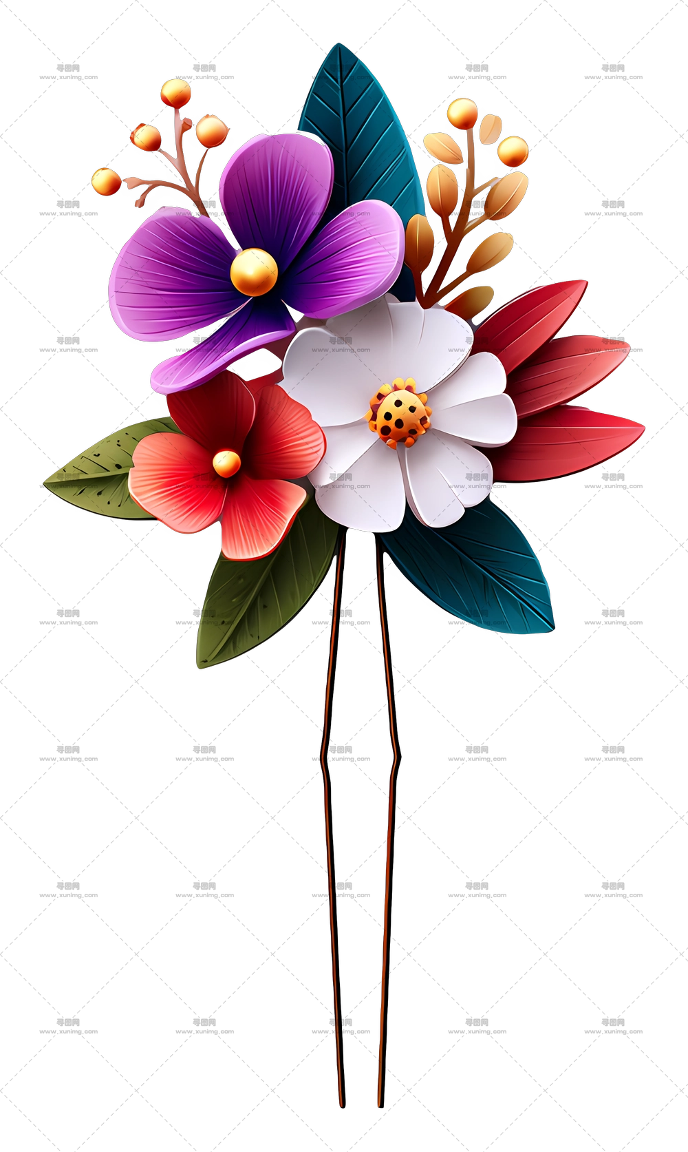 花形发夹 – 多彩花束插画PNG免抠图预览图