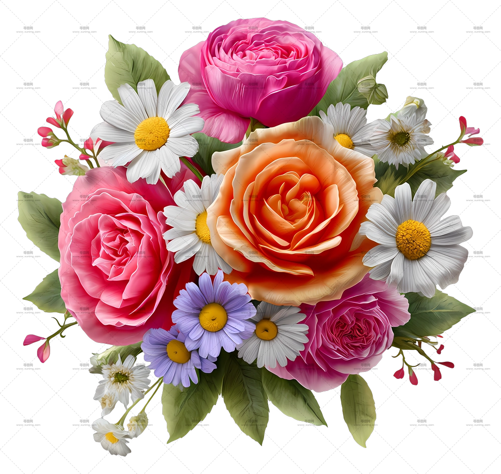 玫瑰与雏菊花束 – 鲜艳多彩的花束PNG免抠图预览图