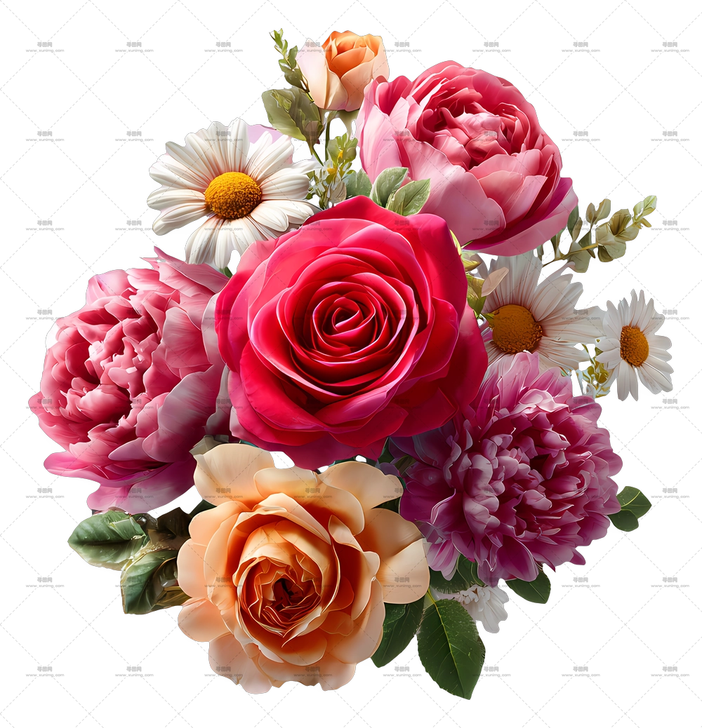 玫瑰与雏菊花束 – 鲜艳多彩的花束PNG免抠图预览图