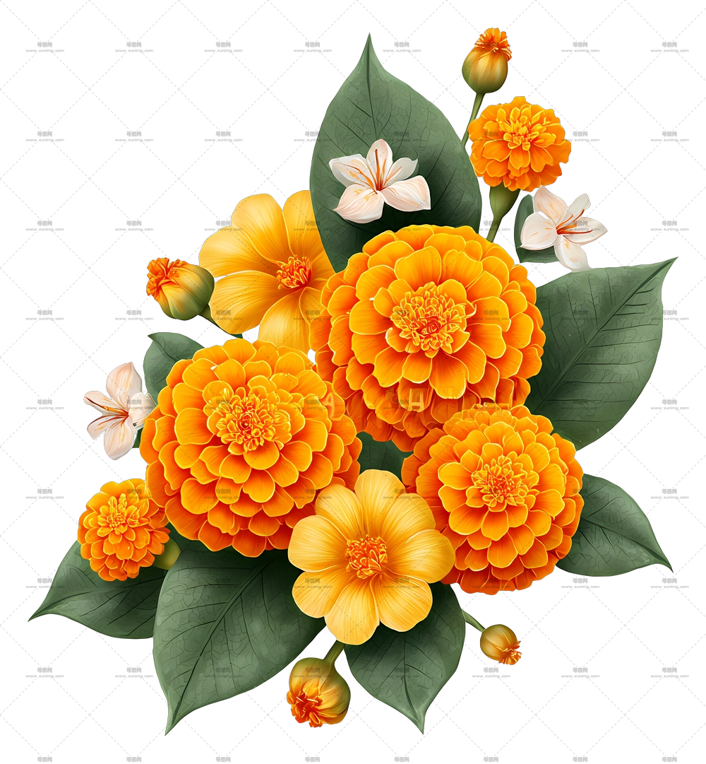 水彩花卉束 – 橙色花朵花束配绿叶PNG免抠图预览图