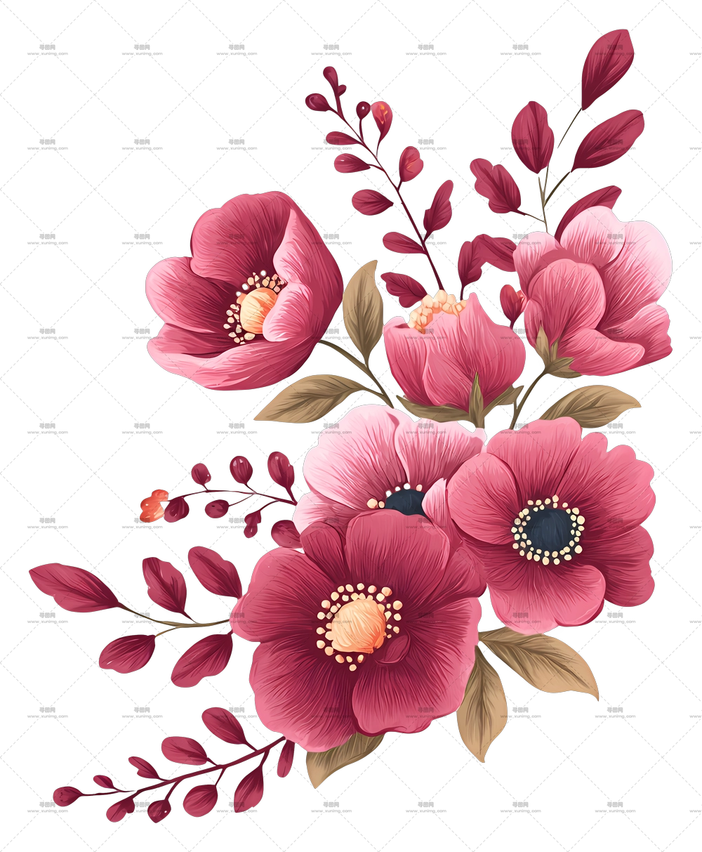 粉红深红色花卉角落 – 粉花束插画PNG免抠图预览图