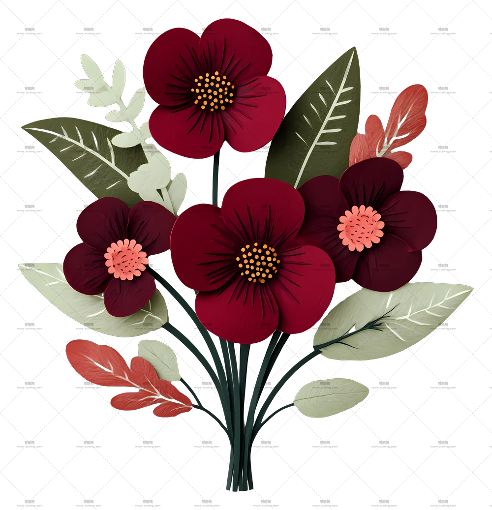 酒红色花朵束 – 红色花朵束插画PNG免抠图预览图