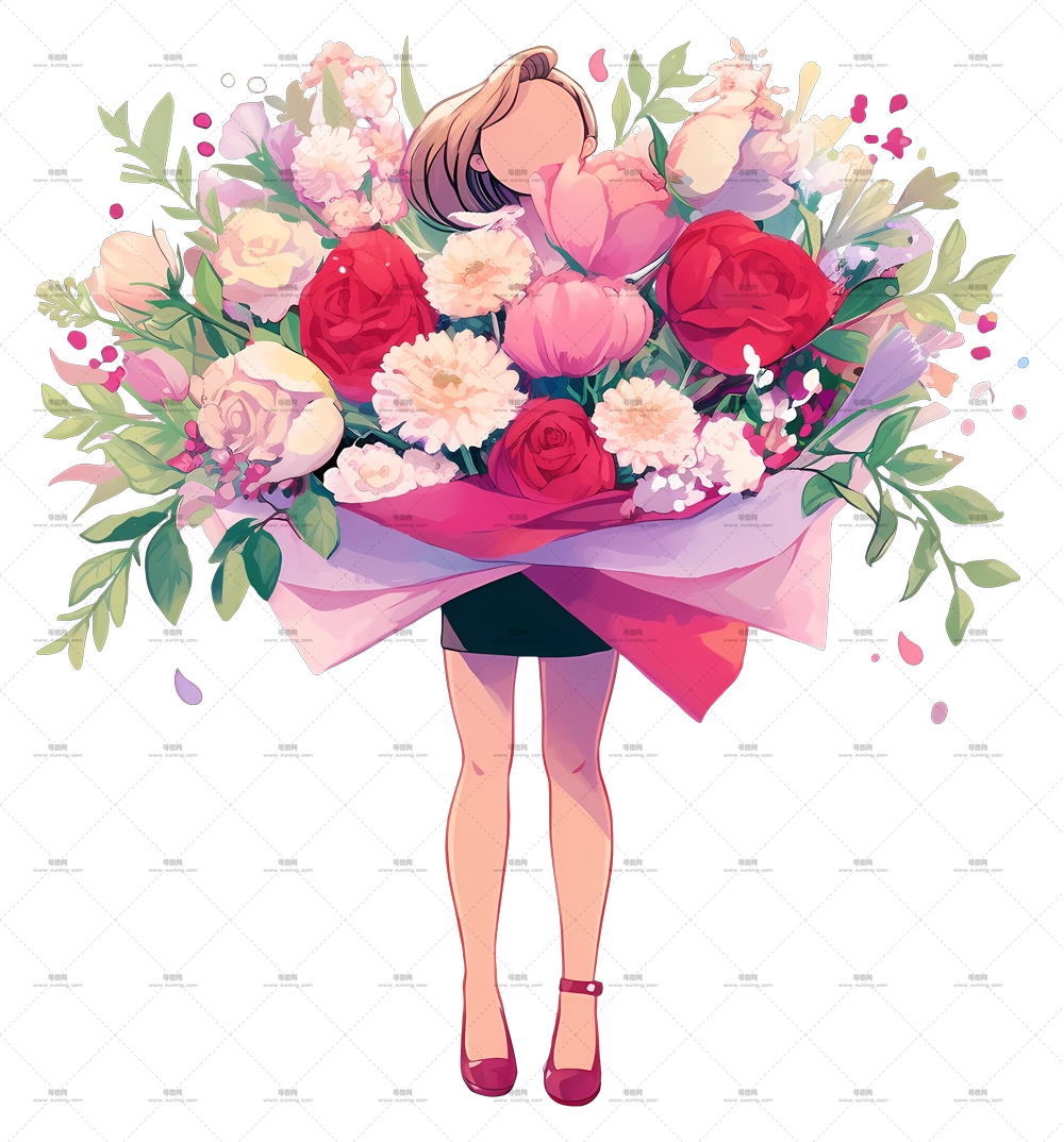 手持花束的女人 – 玫瑰和康乃馨的花束PNG免抠图预览图