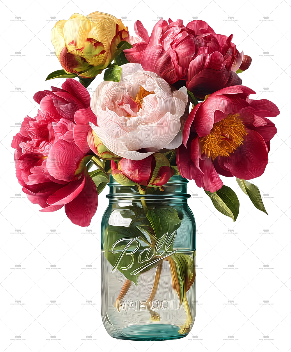 牡丹花在陶罐中 – 玻璃罐中的彩色花束PNG免抠图预览图