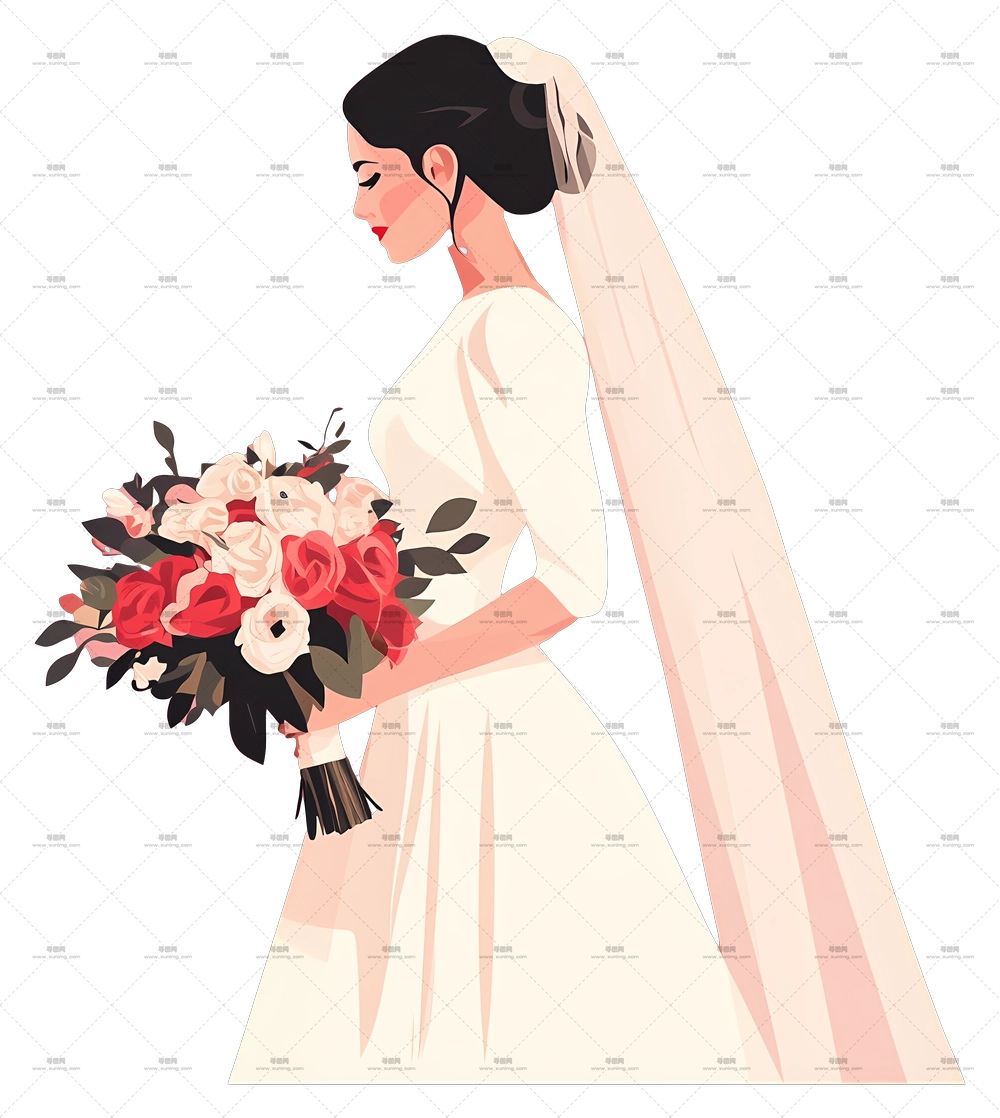 美丽的新娘 – 持有花束的新娘插画PNG免抠图预览图