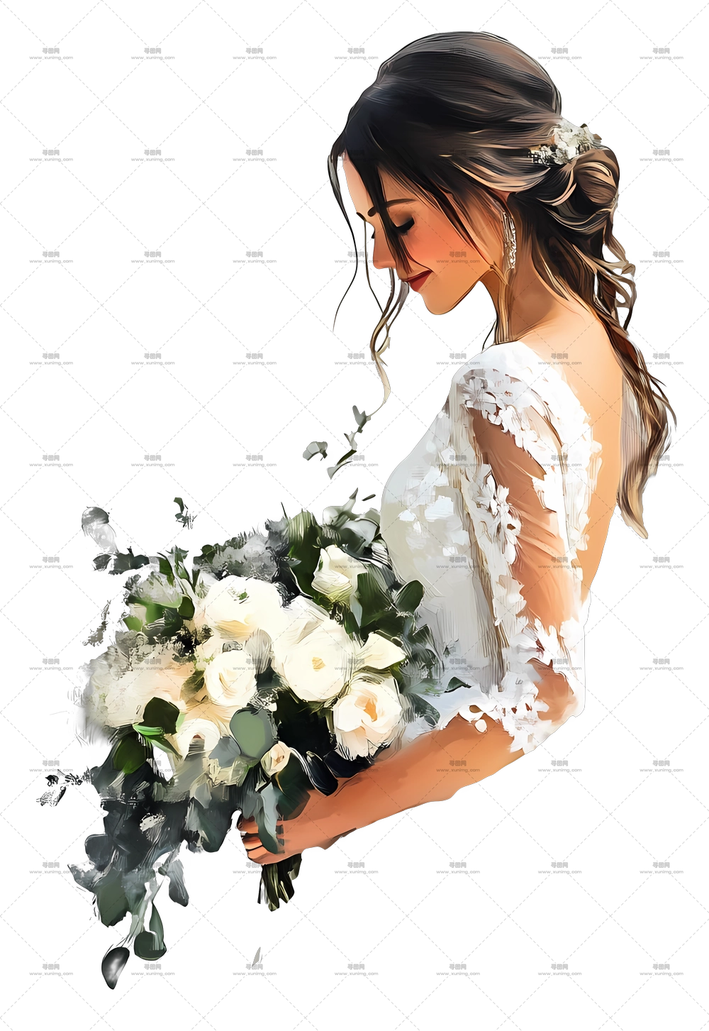 新婚夫妇 – 新娘手持美丽花束PNG免抠图预览图