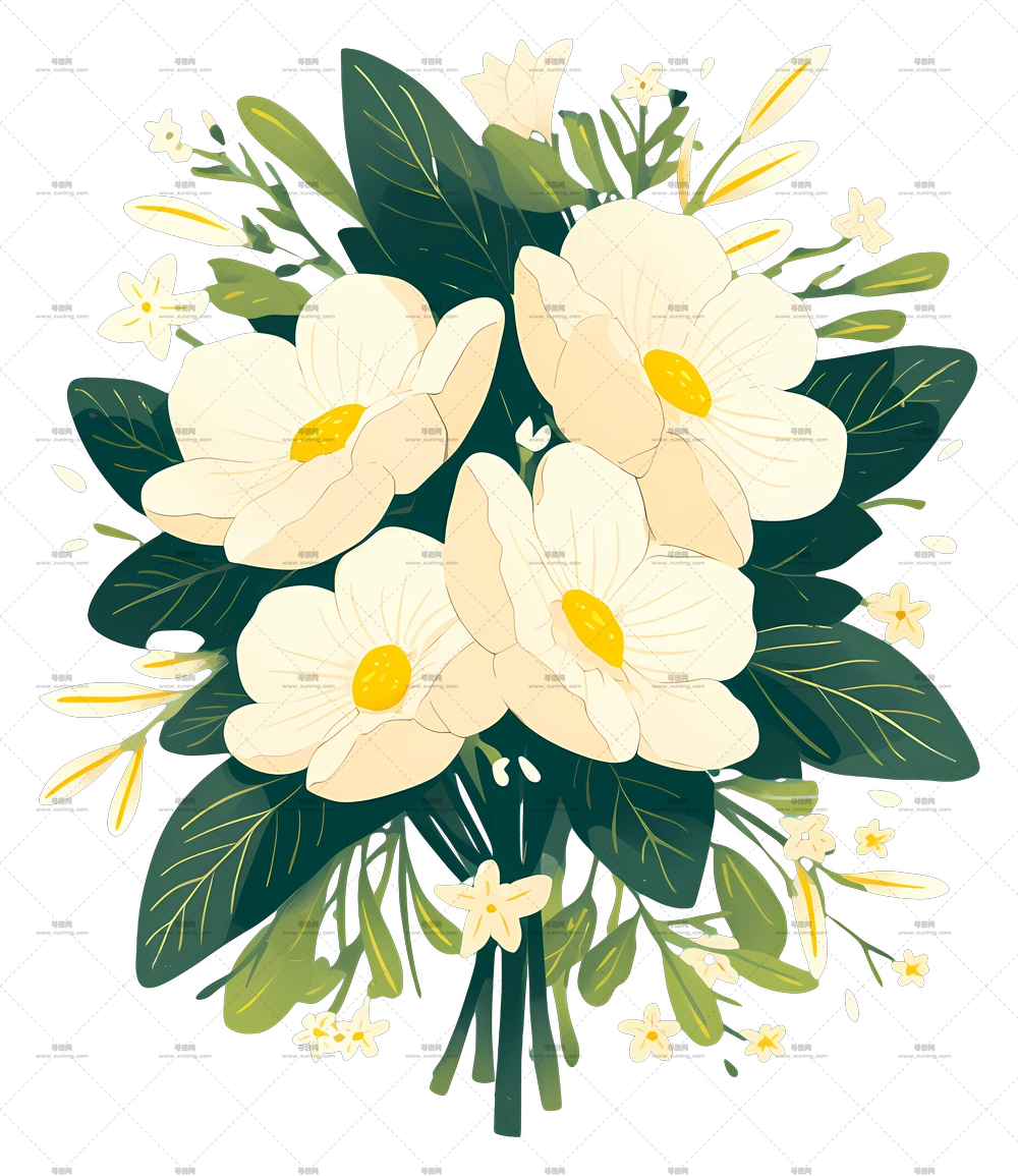 白花 – 带绿叶的美丽白花束PNG免抠图预览图