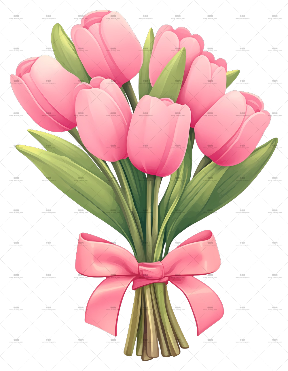 郁金香花束 – 粉色郁金香花束配丝带装饰PNG免抠图预览图