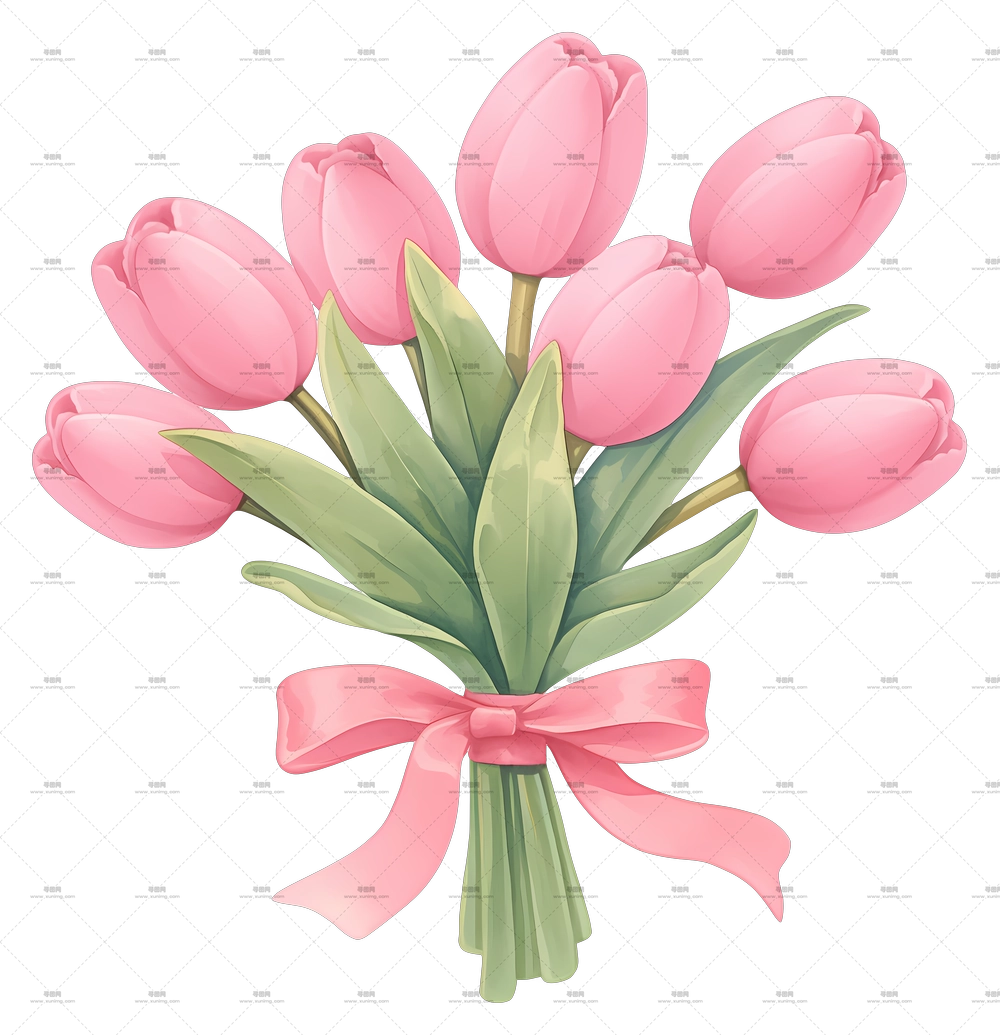 郁金香花束 – 粉色郁金香花束配丝带PNG免抠图预览图