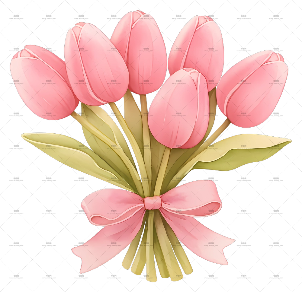 粉红郁金香花束 – 带丝带的粉红郁金香花束PNG免抠图预览图