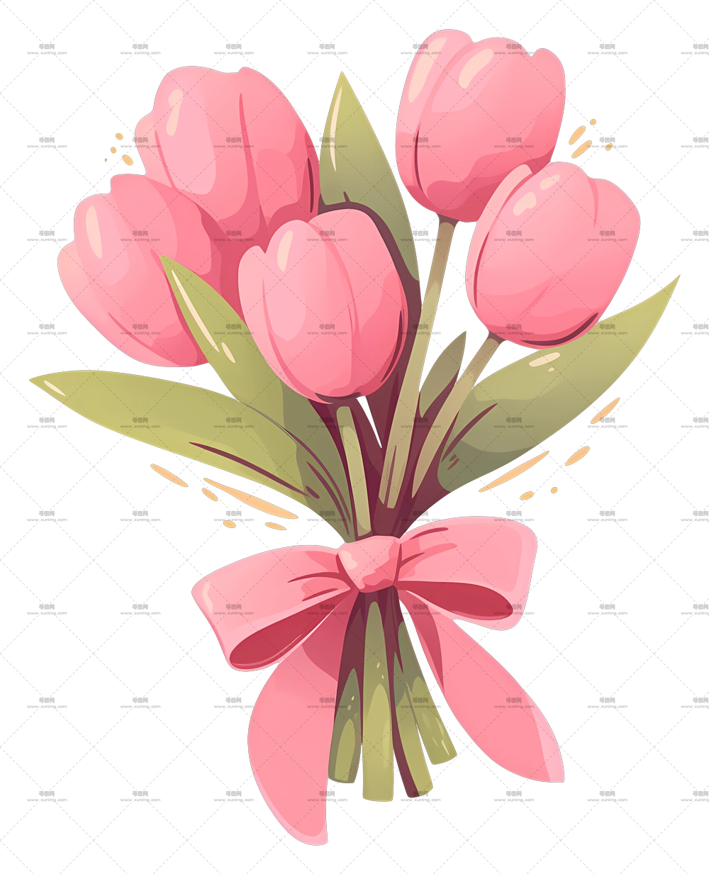 粉红郁金香花束 – 带有丝带插画的粉红郁金香花束PNG免抠图预览图