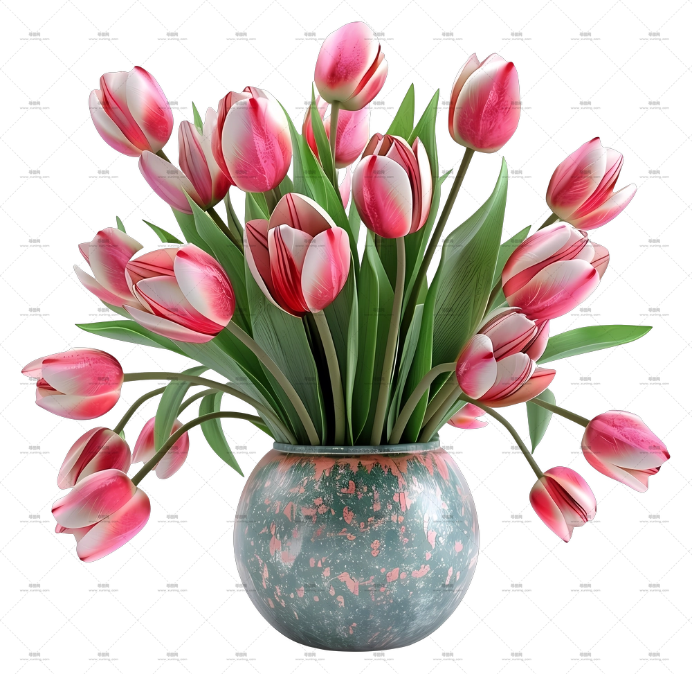 郁金香花束 – 精美粉色郁金香花束置于装饰花瓶中PNG免抠图预览图