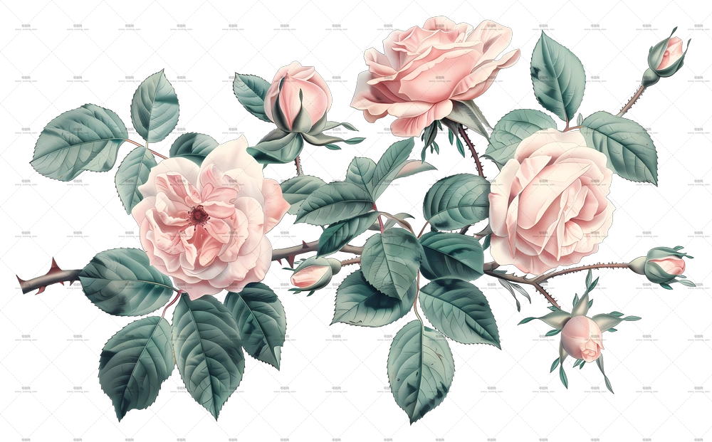 复古玫瑰 – 复古粉色玫瑰植物排列插图PNG免抠图预览图