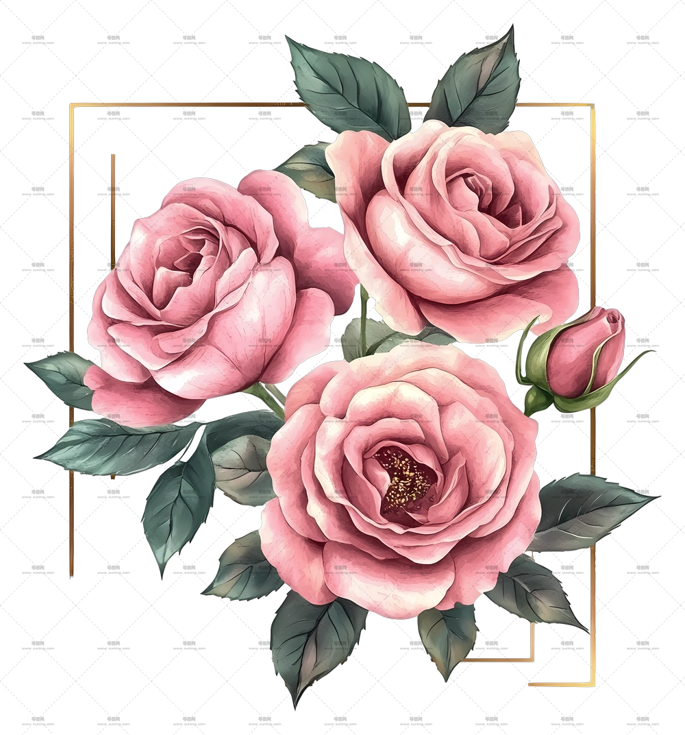 金框 – 精美粉色玫瑰装饰束PNG免抠图预览图