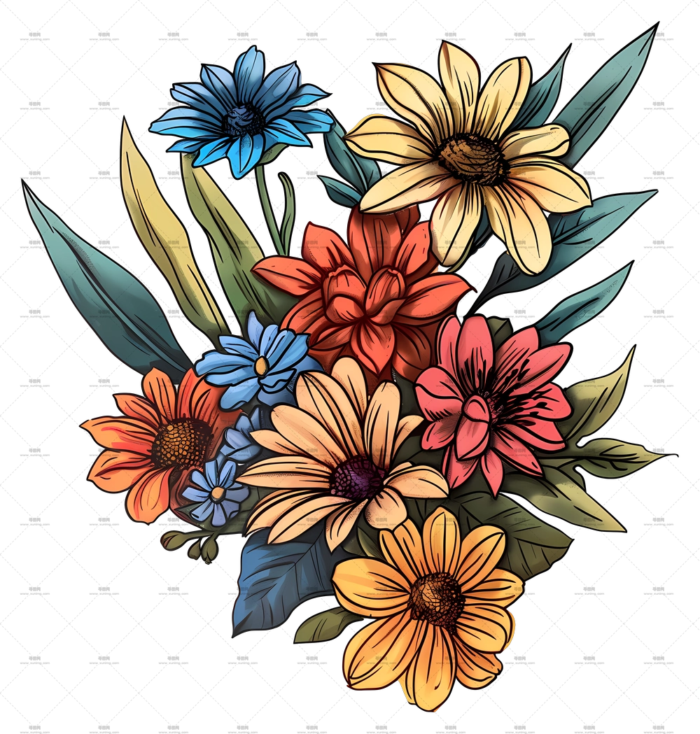 精美的彩色花卉束插画PNG免抠图预览图