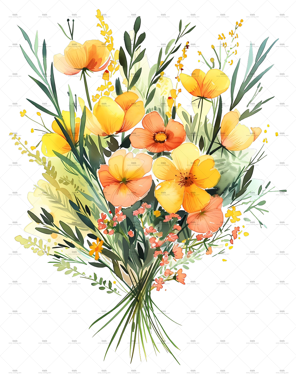 水彩花卉 – 黄色花卉水彩花束PNG免抠图预览图