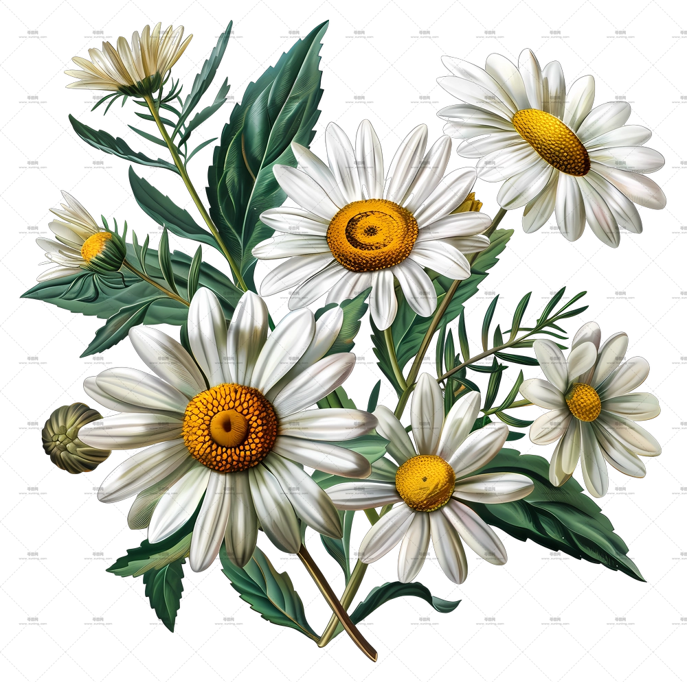 复古花卉 – 白色雏菊与绿叶花束PNG免抠图预览图