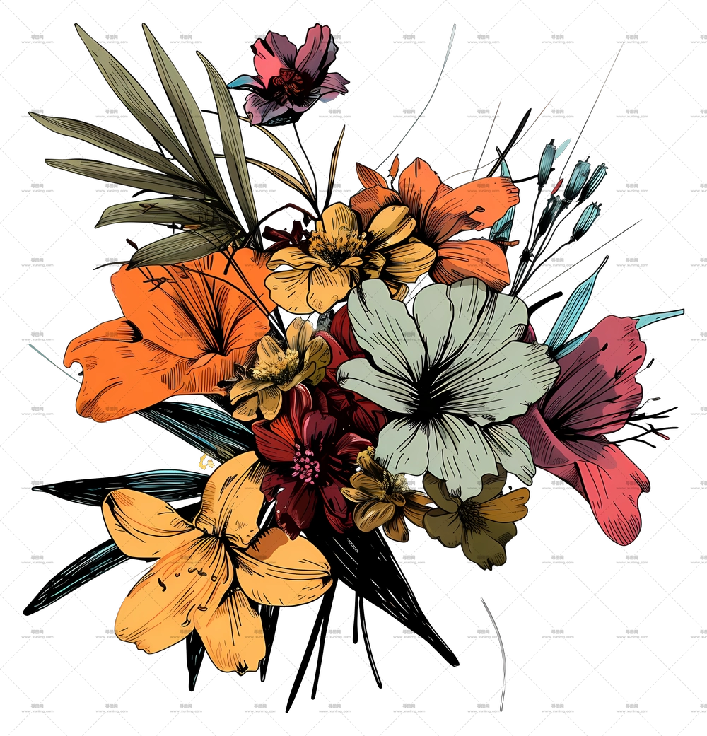 美丽多彩花朵束插画PNG免抠图预览图