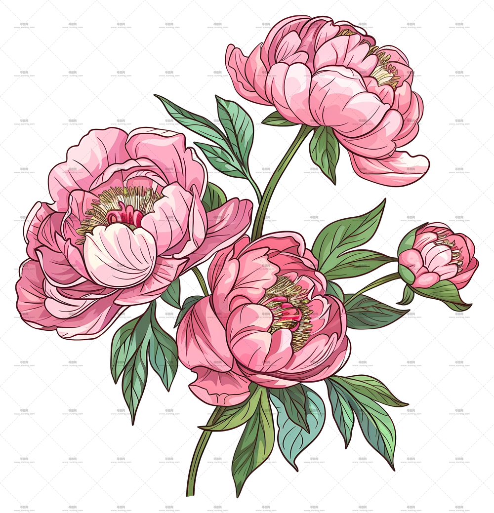 牡丹花 – 粉色牡丹花束插画PNG免抠图预览图