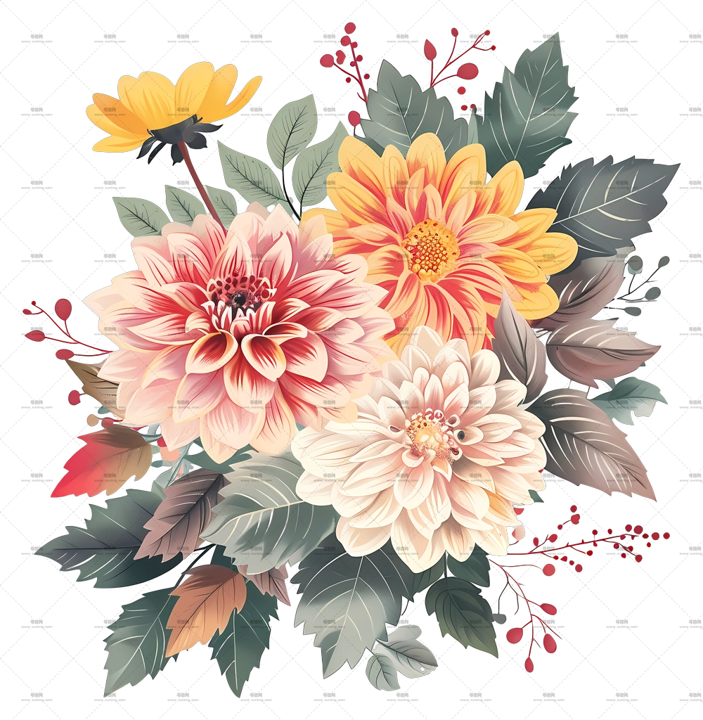 大丽花 – 温暖色调的秋日菊花束PNG免抠图预览图