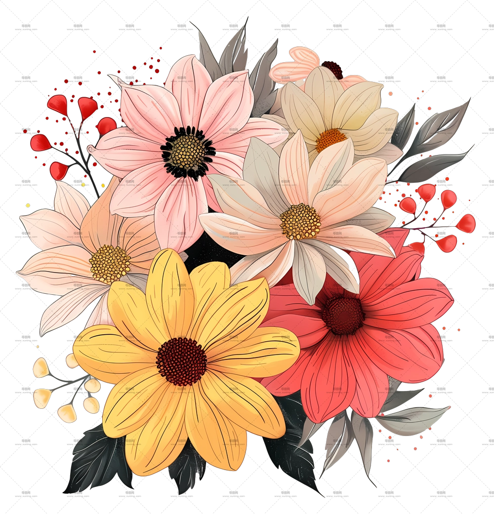 大丽花 – 生动的彩色花卉束插画PNG免抠图预览图