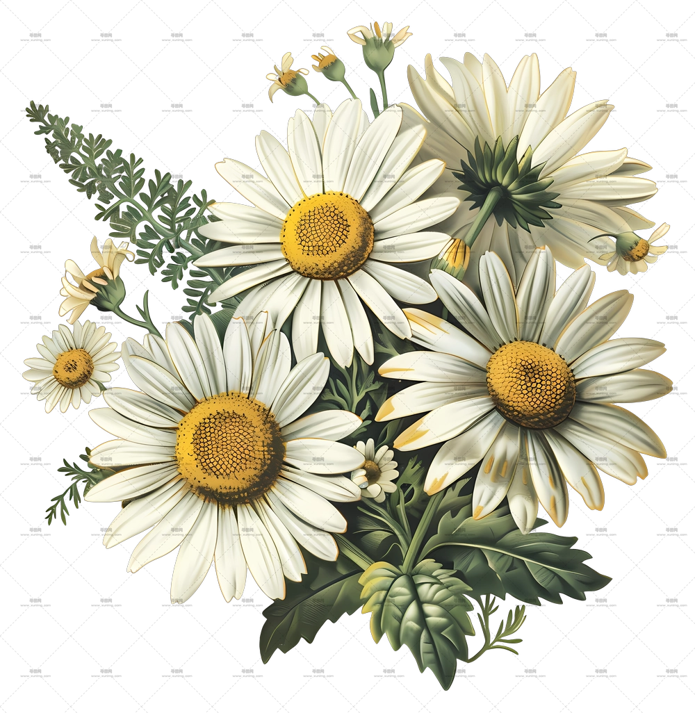 复古花卉 – 迷人的雏菊花卉束插画PNG免抠图预览图