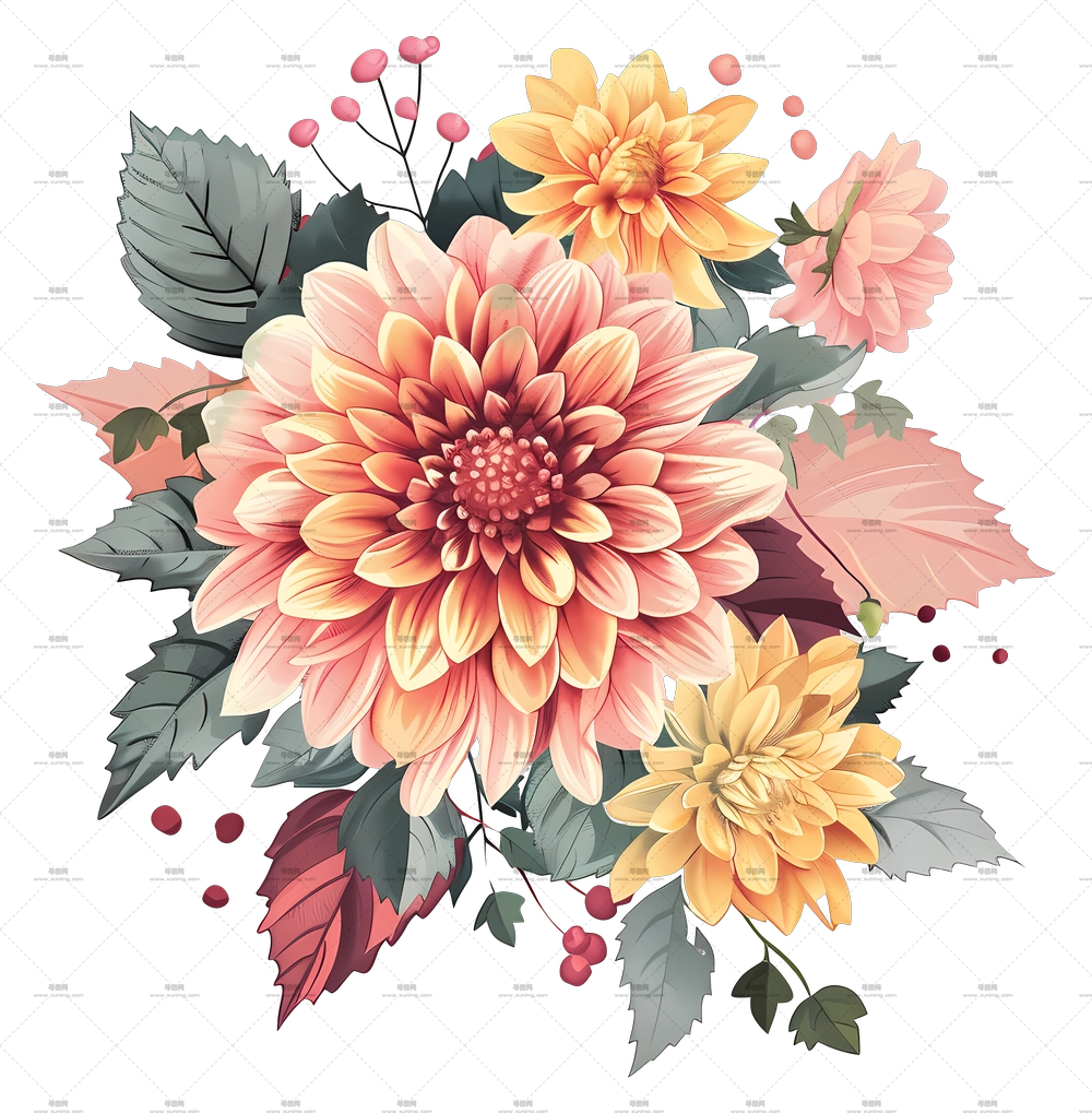 大丽花 – 带有秋季色彩的优雅大丽花束插画PNG免抠图预览图