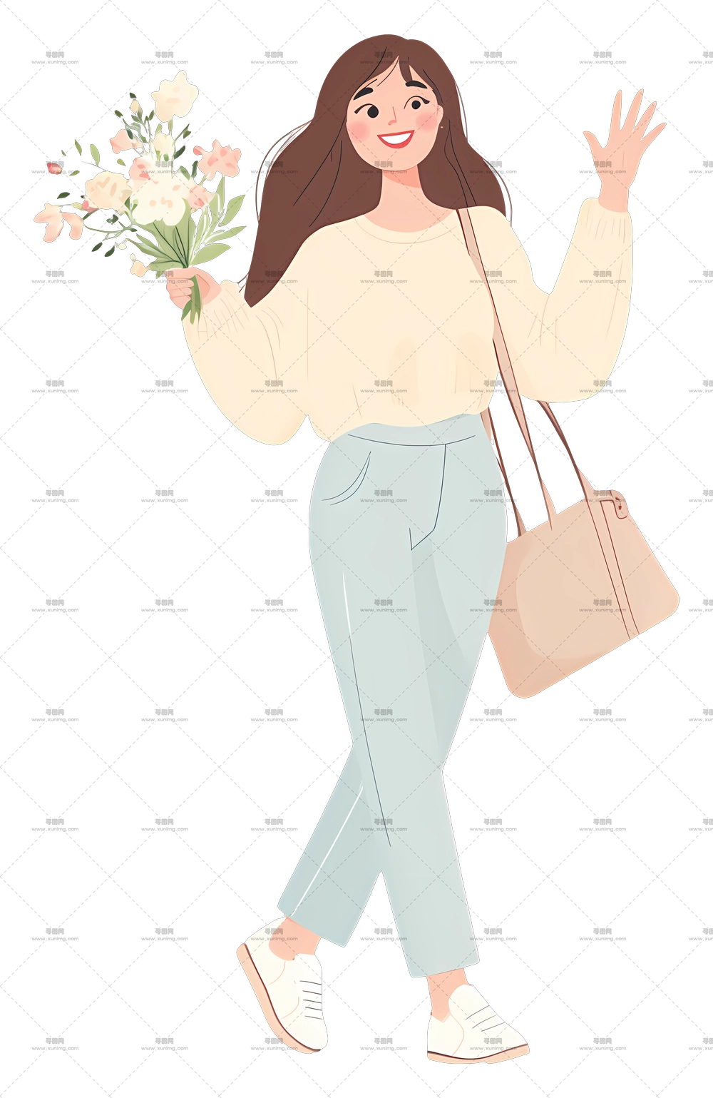 快乐女孩 – 持有花束的插画PNG免抠图预览图