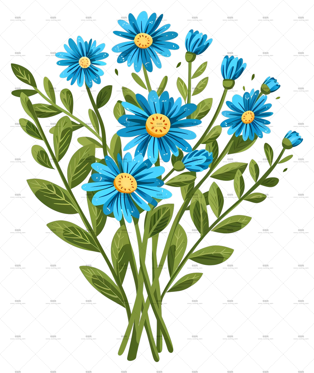 雏菊花朵 – 蓝色雏菊花束插画PNG免抠图预览图
