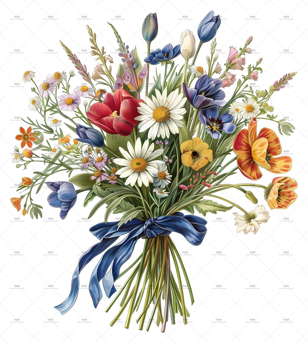 花朵与花束 – 带丝带色彩鲜艳的花束PNG免抠图预览图