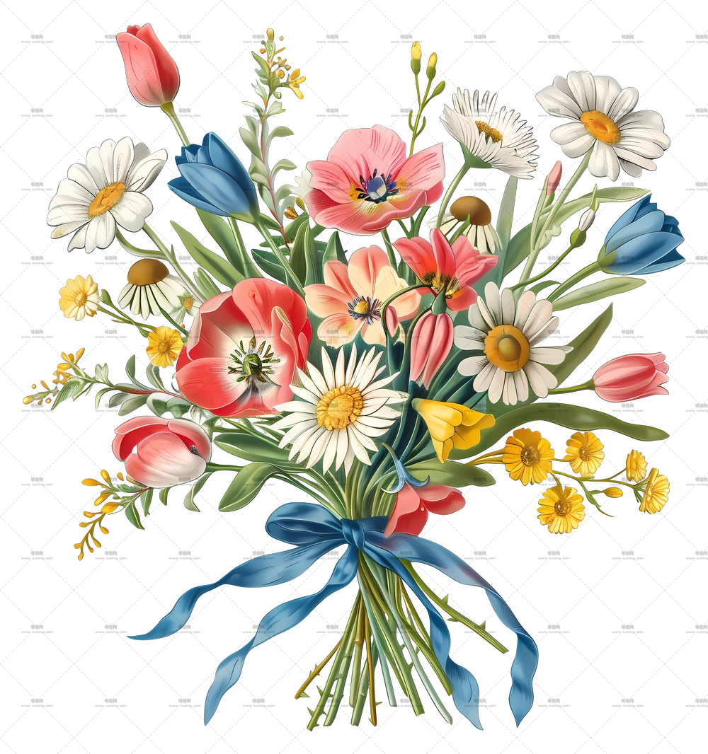 花朵与花束 – 带丝带色彩缤纷的花束PNG免抠图预览图