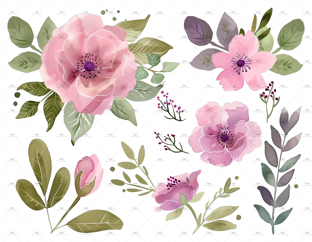 水彩花卉 – 水彩风格的粉色花束PNG免抠图预览图