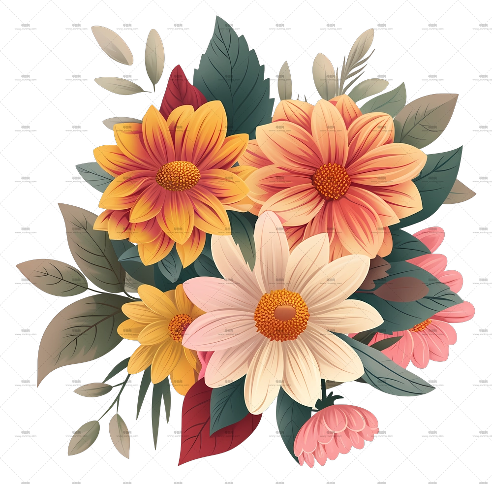 大丽花 – 多彩花束插画PNG免抠图预览图