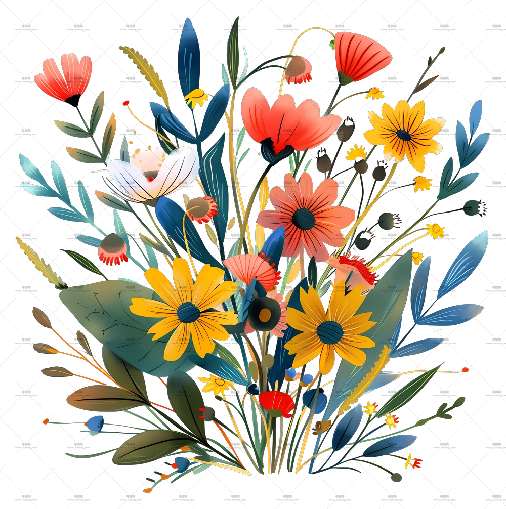 一束鲜花 – 多彩花卉束插画PNG免抠图预览图