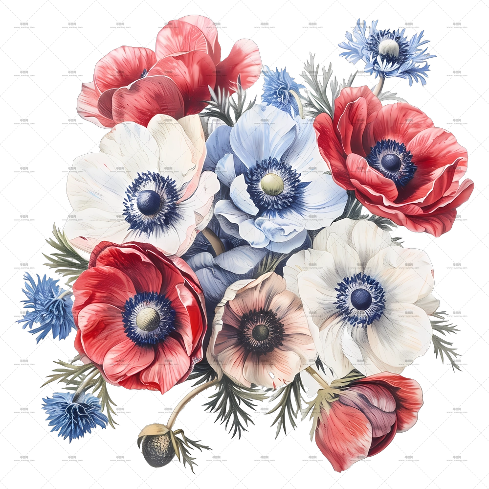 复古花朵 – 多彩混合风信子花束插画PNG免抠图预览图