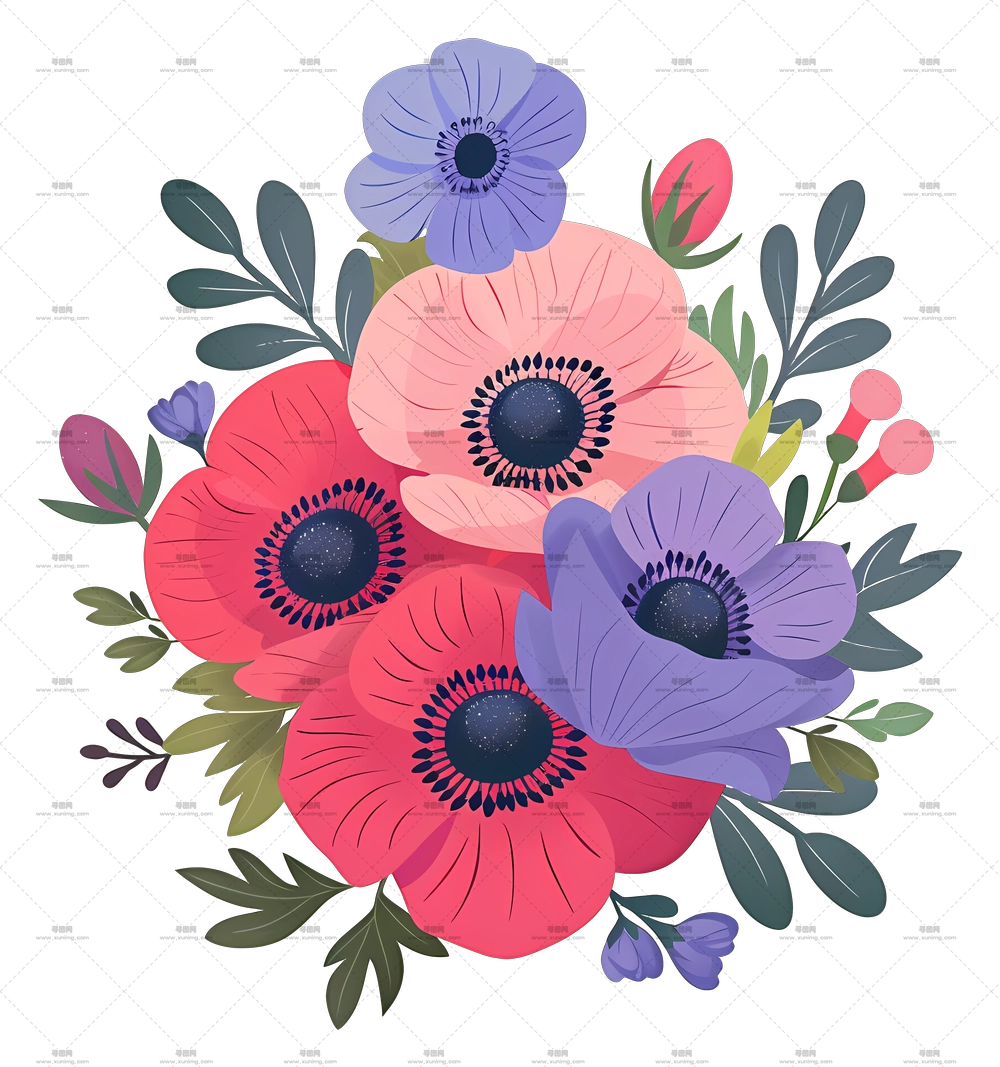 复古花朵 – 多彩花卉花束插画PNG免抠图预览图