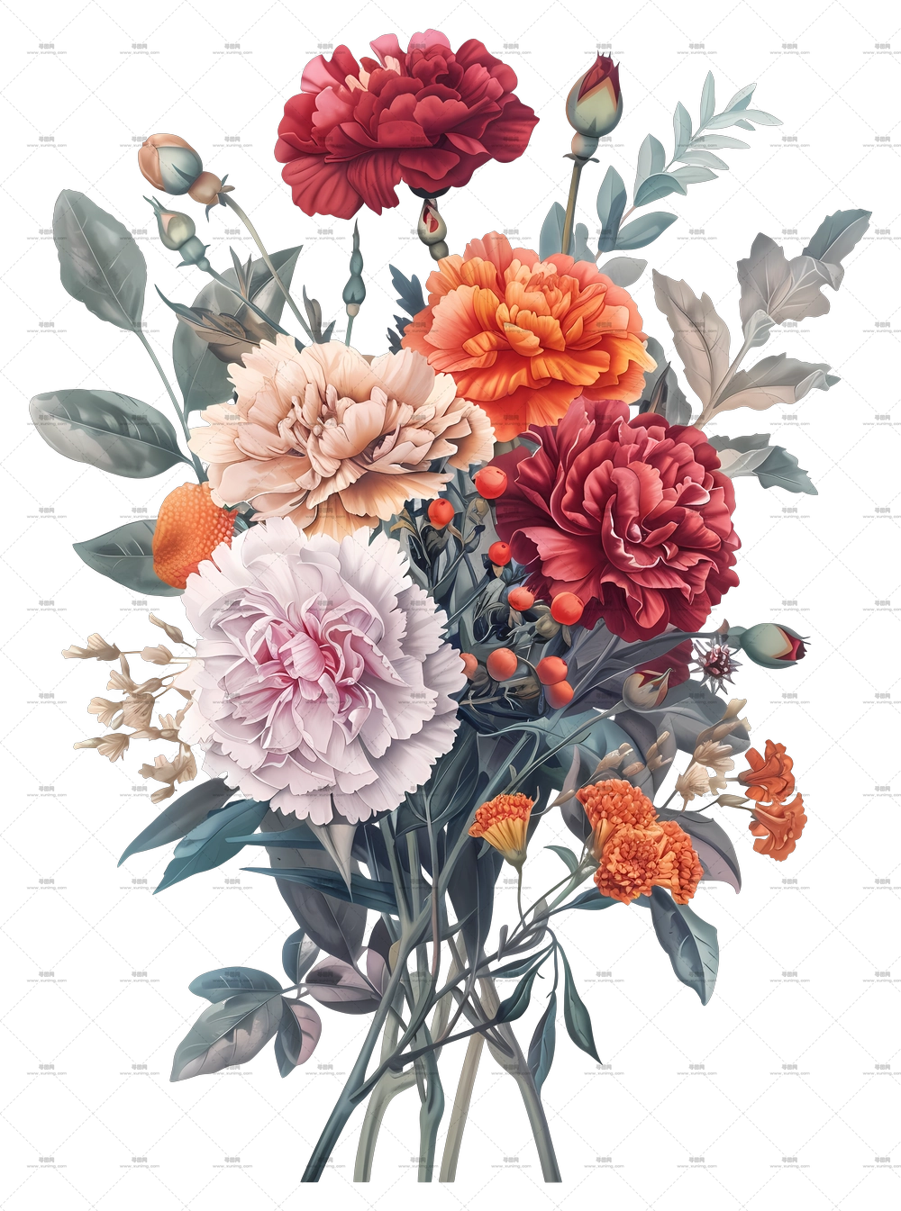 复古花朵 – 精美的彩色花束插画PNG免抠图预览图