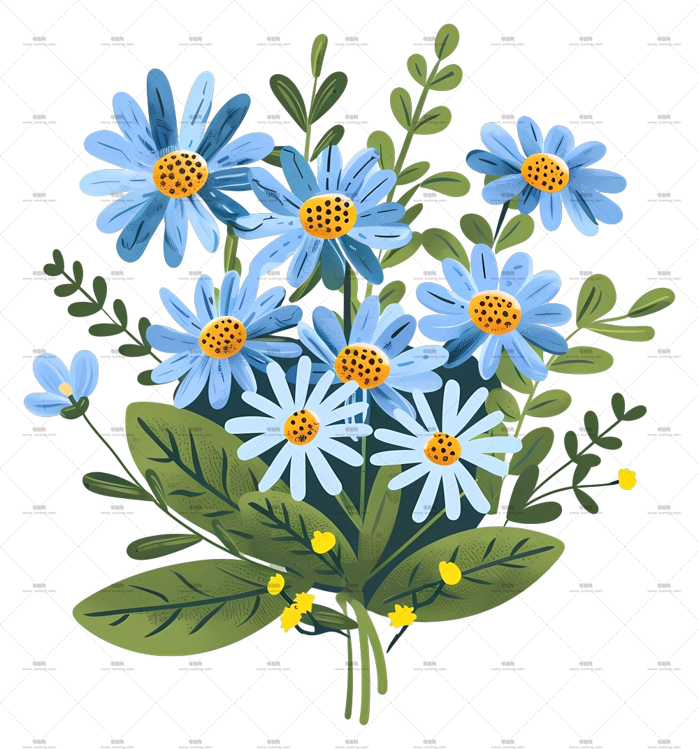 雏菊花朵 – 可爱的蓝色雏菊束插画PNG免抠图预览图