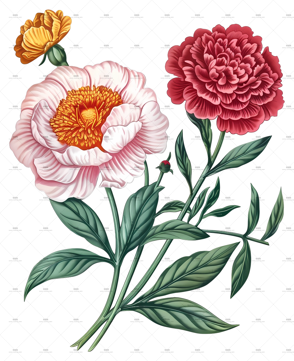 复古花 – 多彩花卉花束插画PNG免抠图预览图