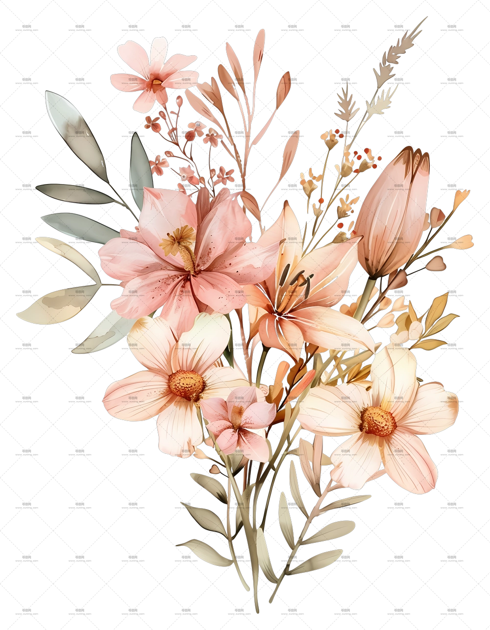 水彩花 – 淡彩花卉花束插画PNG免抠图预览图