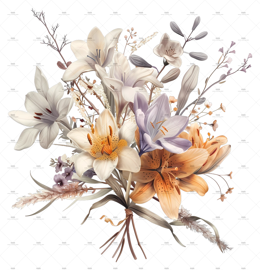 干花 – 优雅百合花束插画PNG免抠图预览图