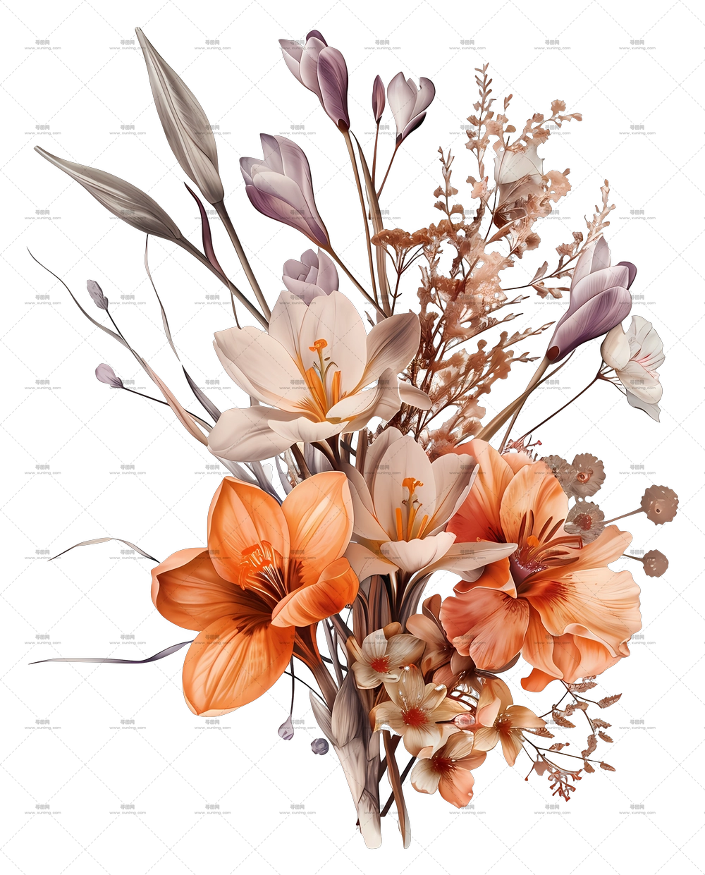 干花 – 秋季花卉束与橙黄色百合PNG免抠图预览图