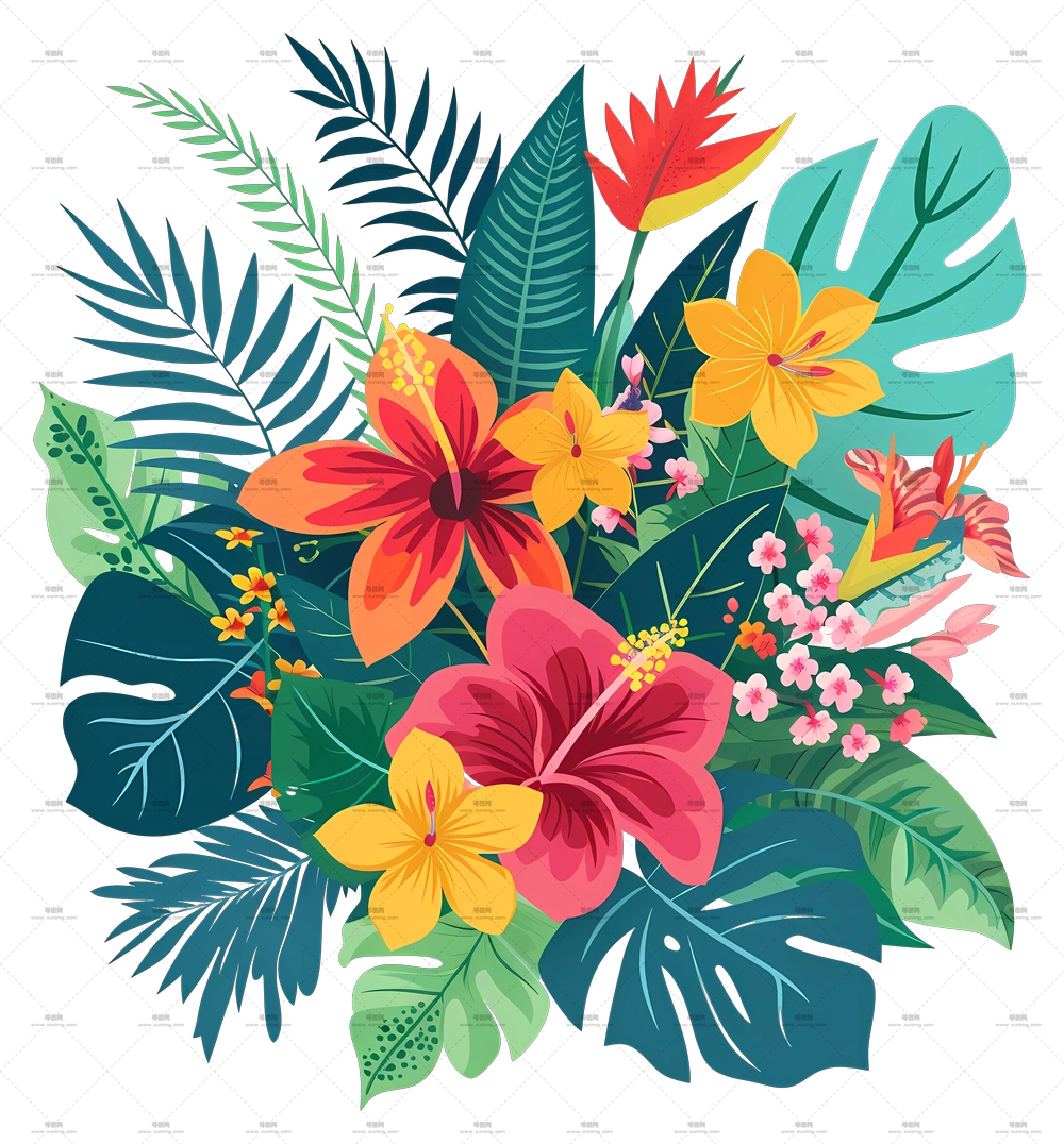 热带花朵 – 热带花束与鲜艳的叶子PNG免抠图预览图