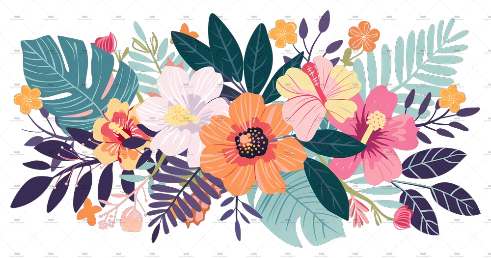 热带花朵 – 多彩花卉花束插画PNG免抠图预览图