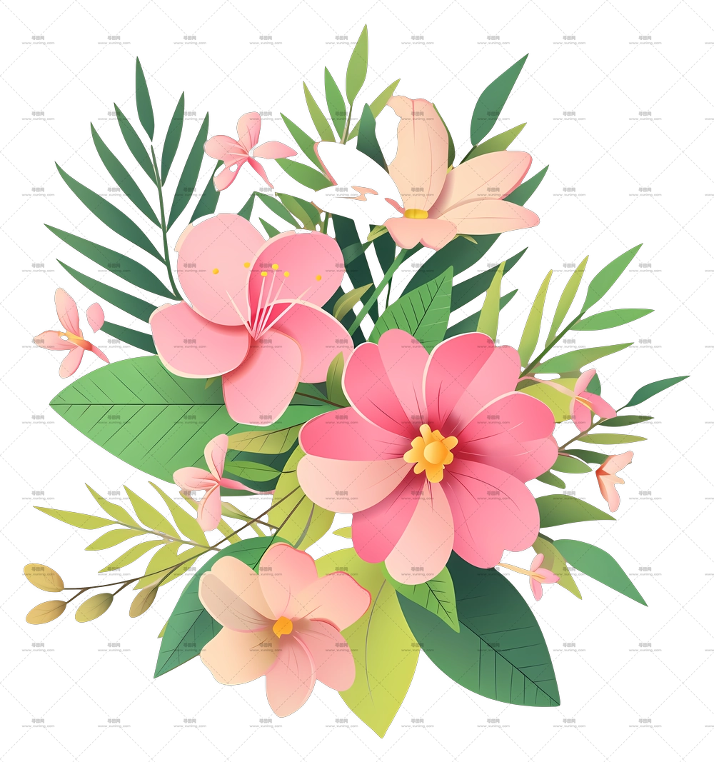粉色花 – 带粉色花的卡通花卉花束PNG免抠图预览图
