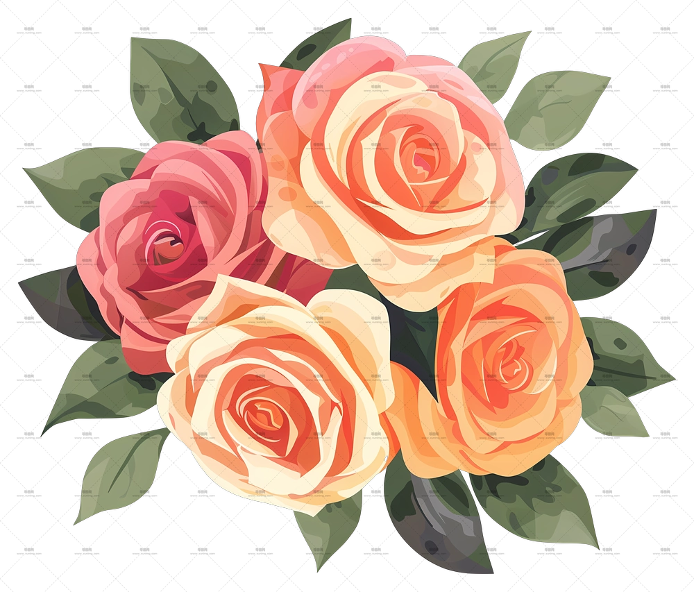 玫瑰花 – 多彩玫瑰束插画PNG免抠图预览图