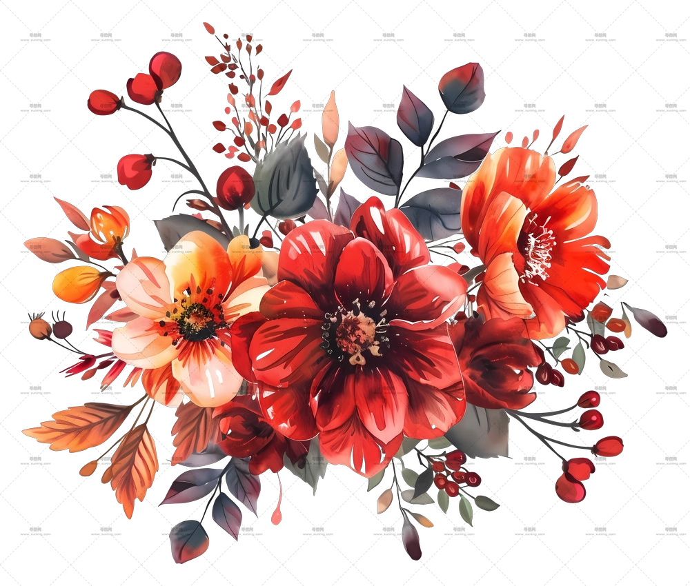 秋日花卉 – 红橙花束设计PNG免抠图预览图