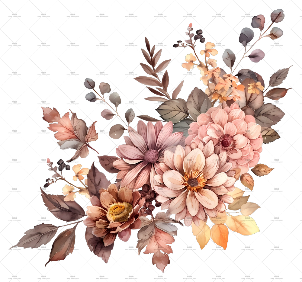 秋日花卉 – 复古花卉束插画PNG免抠图预览图